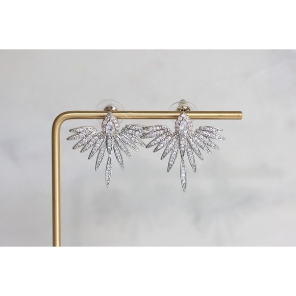 Diamond Ear Jacket Earrings Feather Front & Back Jacket Earrings Cubic Zirconia - Picture 5 of 5